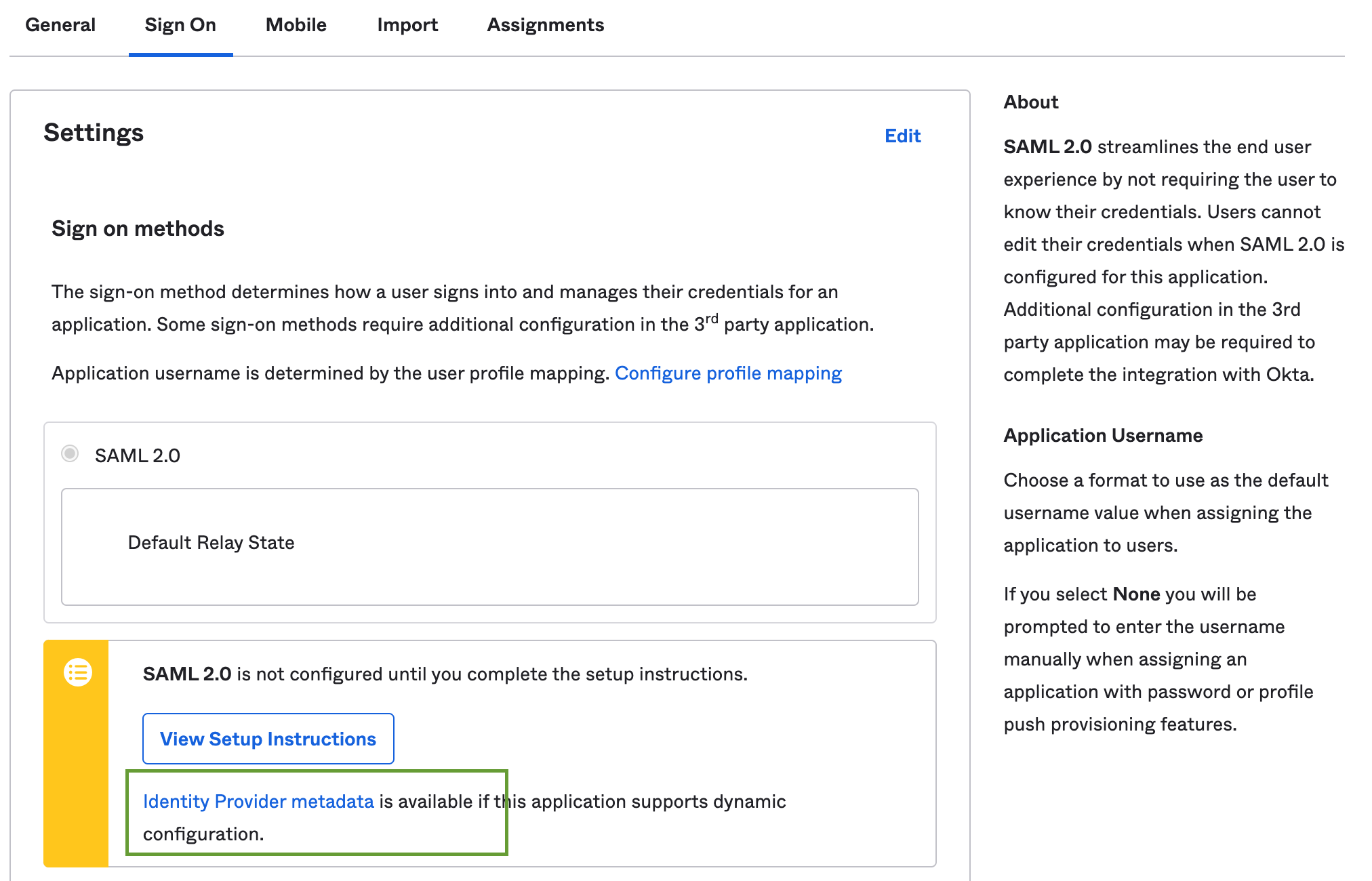 Okta application edit screen&#39;s &quot;Sign-on&quot; tab.